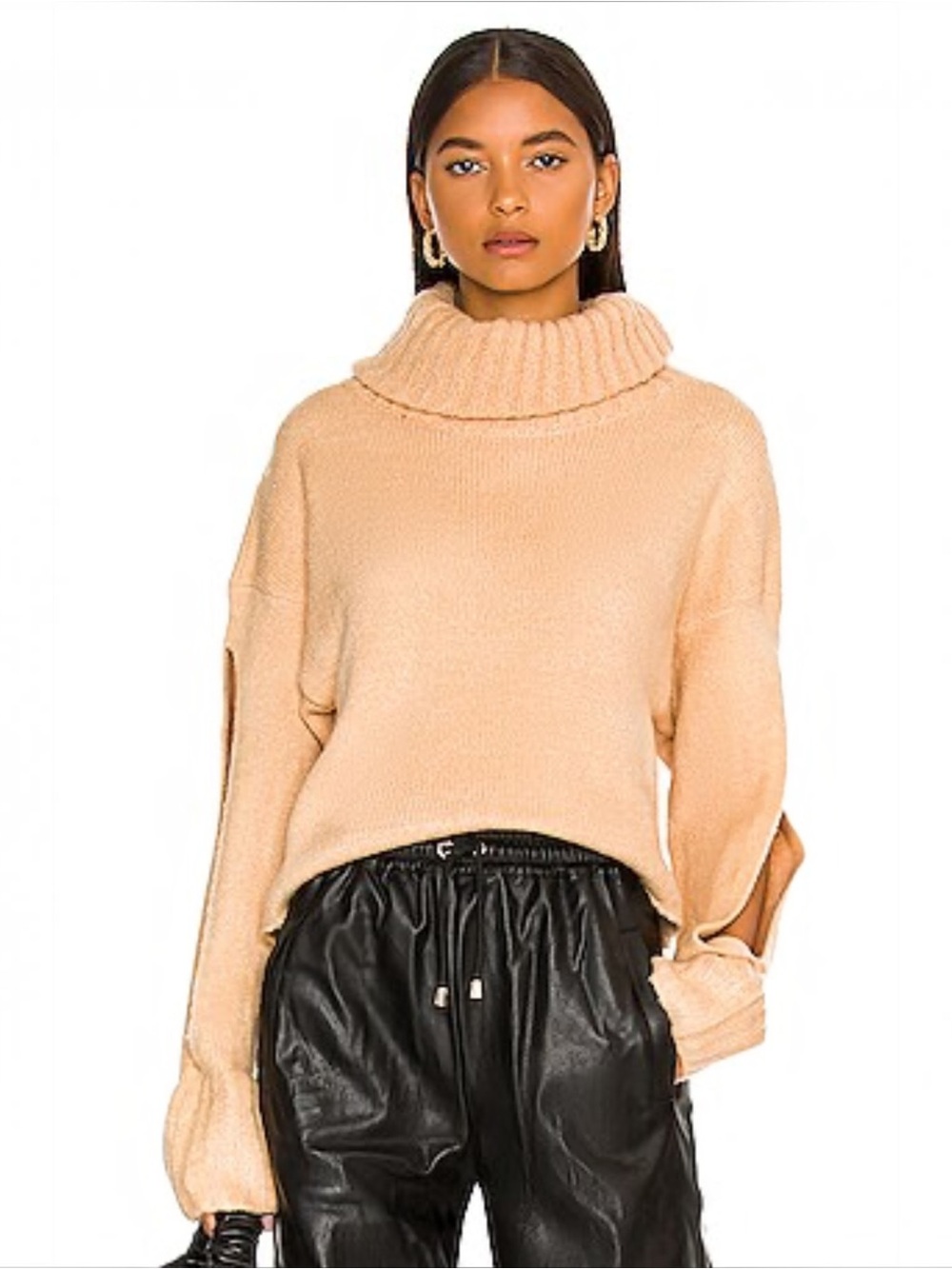 Kendall Kylie Womens XS Camel Cowl Neck Sweater Cropped Slit Sleeve Cozy Knit